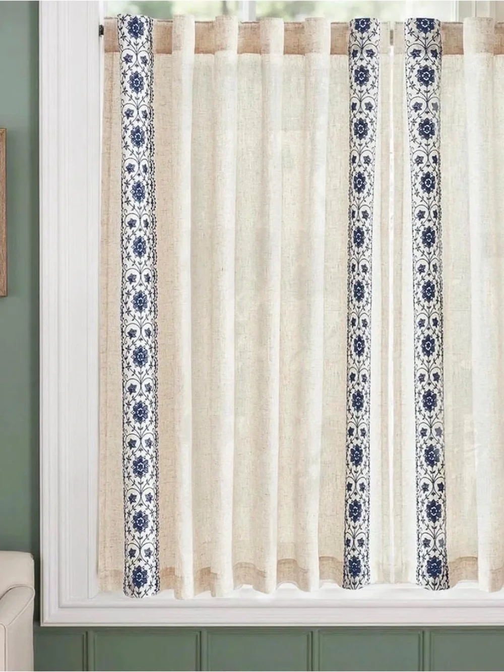 Beige Sheer Window Curtains with Blue Embroidered Trim - Home Accents